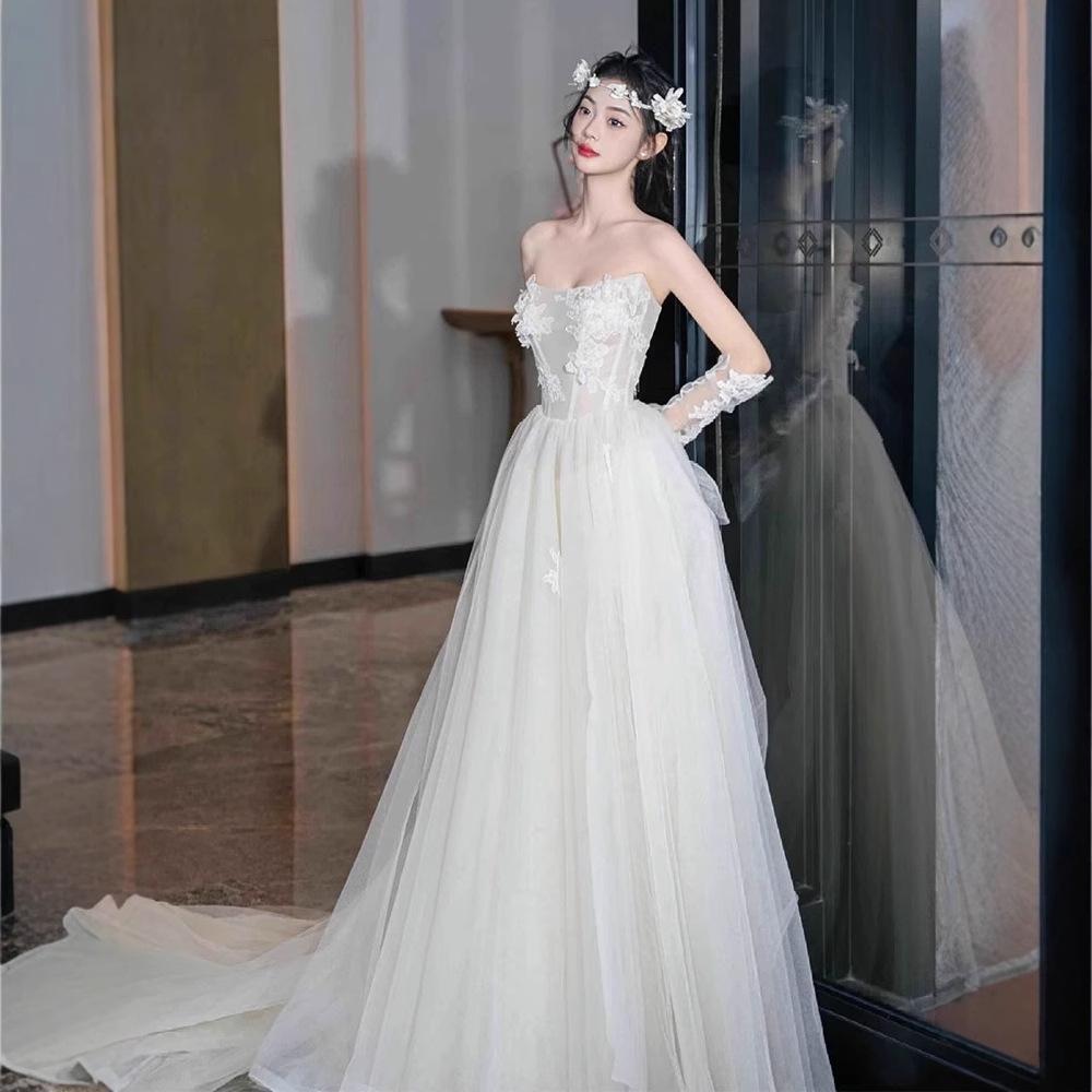 French Retro Lace Light Wedding Dress Bridal Tube Top Mori Super Fairy Small Trailing Out Dress Welcome Travel Dress Skirt