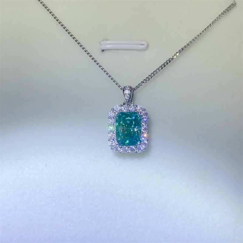 Mint Green Moissanite Pendant Necklace with Radiant Rectangular Cut and Crushed Bone Chain