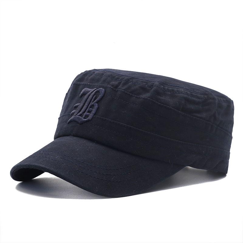 European and American men's pure cotton flat top hat, letter embroidery cap, sports outdoor visor, military hat