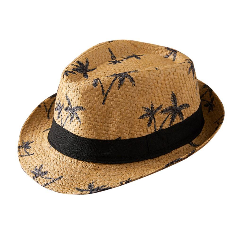 UV Protection Straw Hat Coconut Trees Pattern Jazz Hat Summer Panama Cap  Children Kids