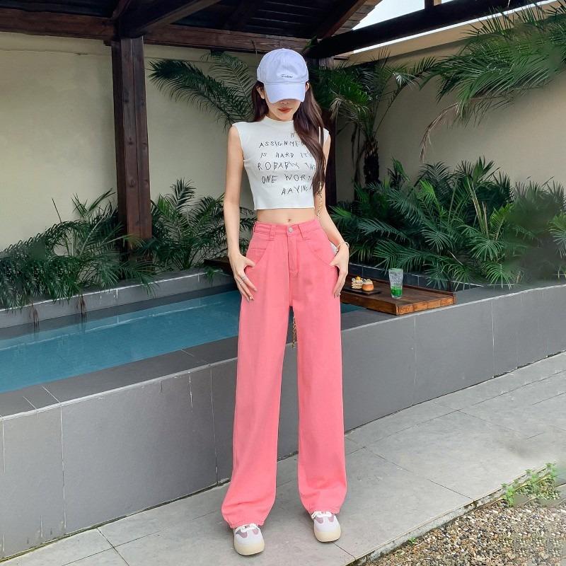 Jeansy z wysokim stanem i szerokimi nogawkami damskie luźne proste spodnie jeansowe w jednolitym kolorze koreańskie spodnie streetwear
