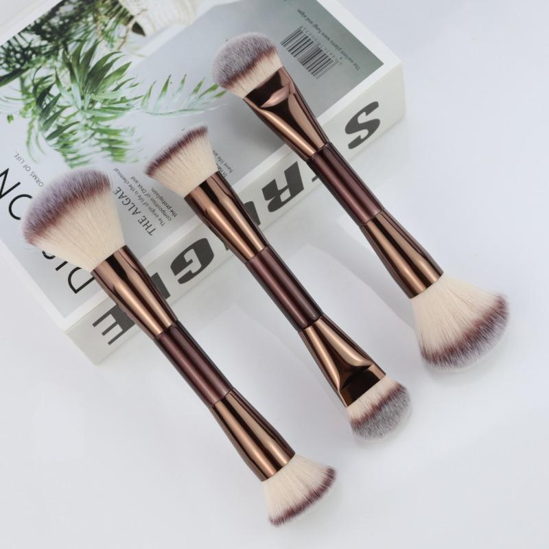 Štětec na make-up s dvojitou hlavou na podkladovou bázi a konturování Kabuki štětec Veganská vlákna Měkké štětiny pro tekuté a pudrové produkty
