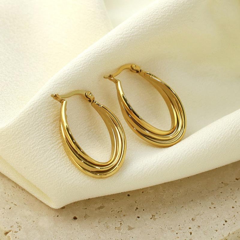 Fashion Irregular Line Three-Ring Earrings Simple U-Shaped Versatile Titanium Steel Earrings Ear Buckles Girls