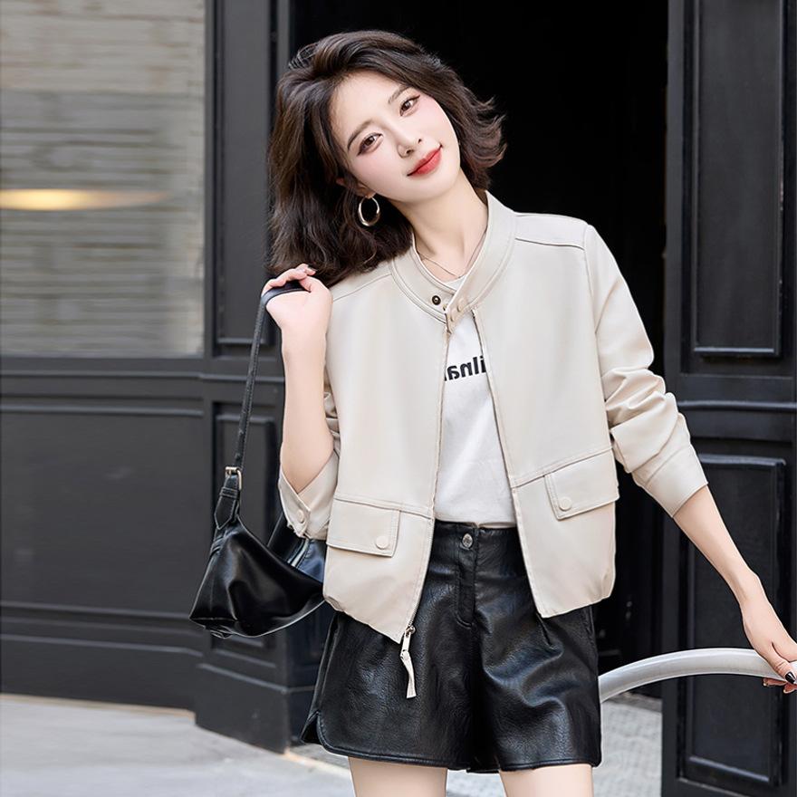 Four-season green retro versatile leather jacket women's short jacket spring and autumn new locomotive clothing tide