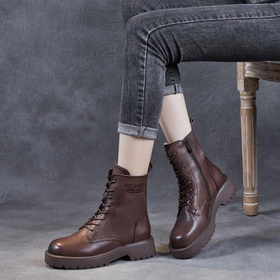 Fashion 4.5CM Fashion Women Boots Handmade Retro Genuine Leather Thick Heel Platform Ankle Boots For Women Warm Short Boots