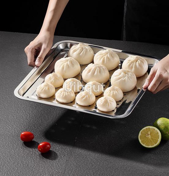 Stainless Steel Rectangle Dinner Tea Tray Double 2 Layer Dumpling Oil Leaking Hole Basin Steaming Draining Hole Plate with Basin