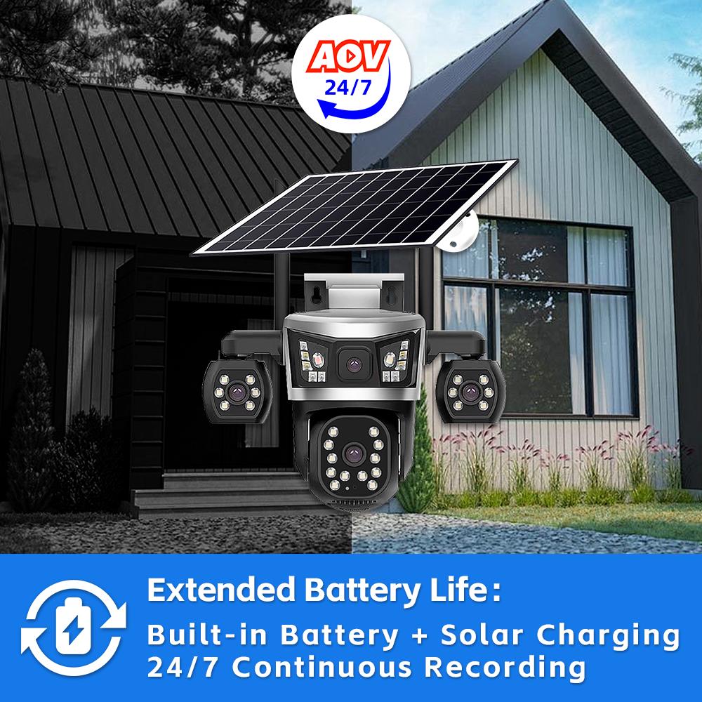 Solar PTZ Camera – 4G 4-Lens with 4-Screen Display, Outdoor Wireless Security Surveillance