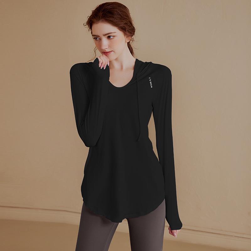 Damska luźna bluza fitness z kapturem i długim rękawem - Casualowy top do jogi o średniej długości, wygodny na jesień