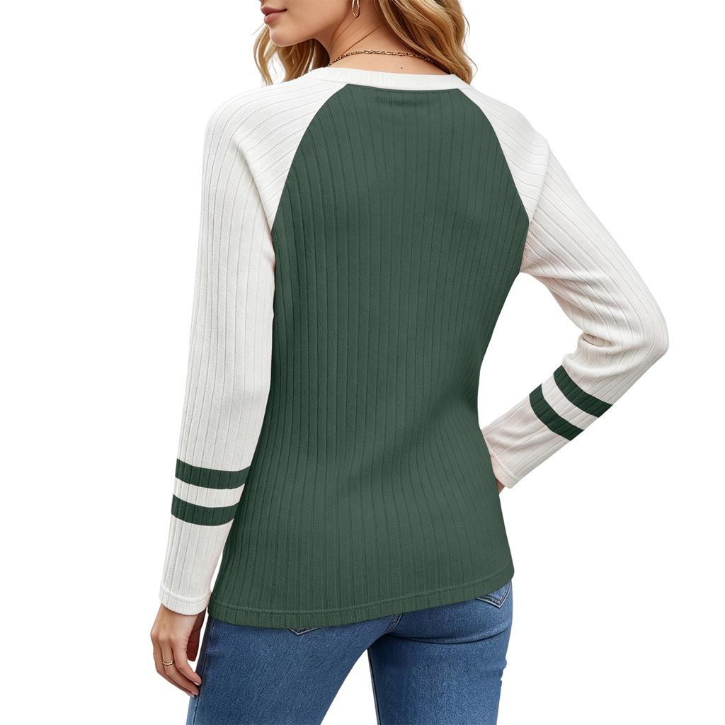 Women's Color Block Round Neck Long Sleeve Knit Top for Casual Daily Wear