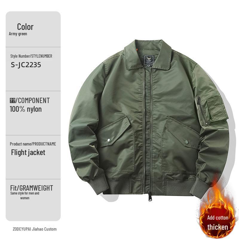 European & American Style Custom Printed Waterproof Flight Jacket with Stand Collar, Cotton Insulation, and Embroidered Logo.