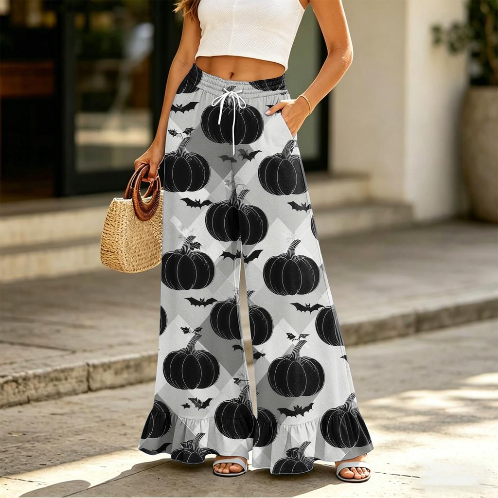 Women High Waist Drawstring Wide Leg Pants with Pockets Halloween Print Loose Fit Casual Long Trousers for Daily Wear