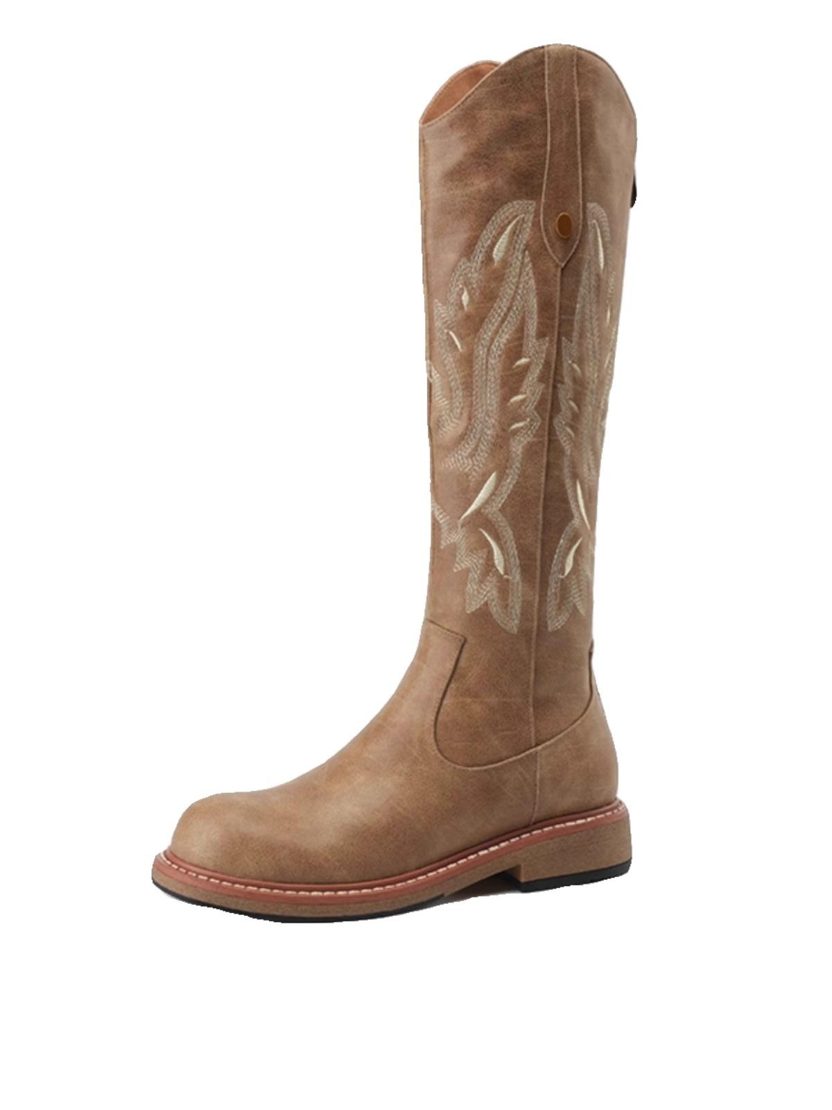 

Универсальные ковбойские ботинки в западном стиле Женские 2025 Осень и Лето Новые Задняя молния Низкий каблук Высокие женские ботинки Ретро рыцарские ботинки Женские 40 светло-коричневого