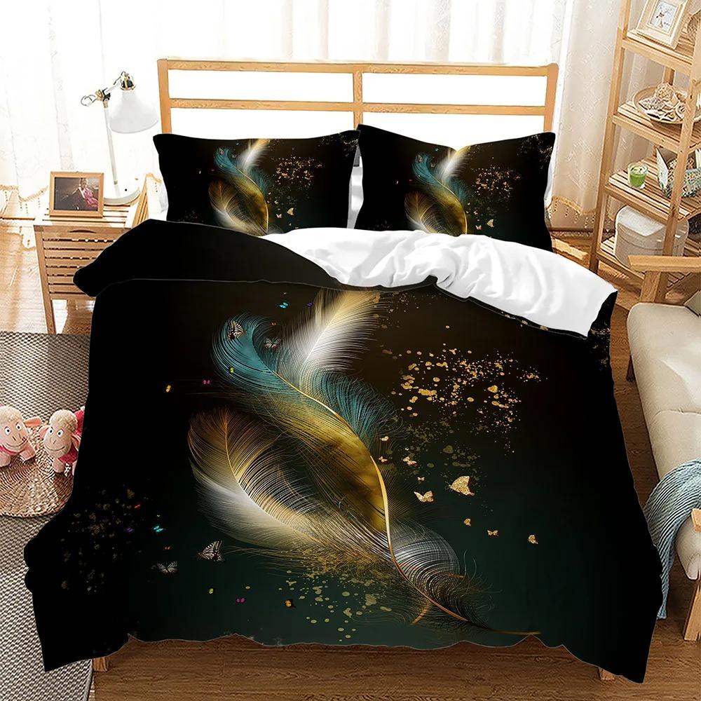 Feder Bettbezug Set 3D Goldene Feder Marmor Polyester Kissenbezüge Bettdecke Heimdeko Geschenk Twin King Queen Bettwäscheset