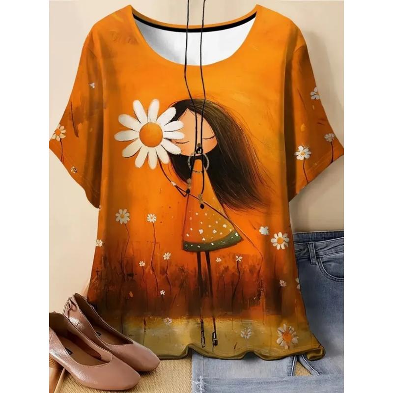 Fashion Women's Clothing Mystery Girl Short Sleeve Crew Neck T-shirt 3D Color Printing