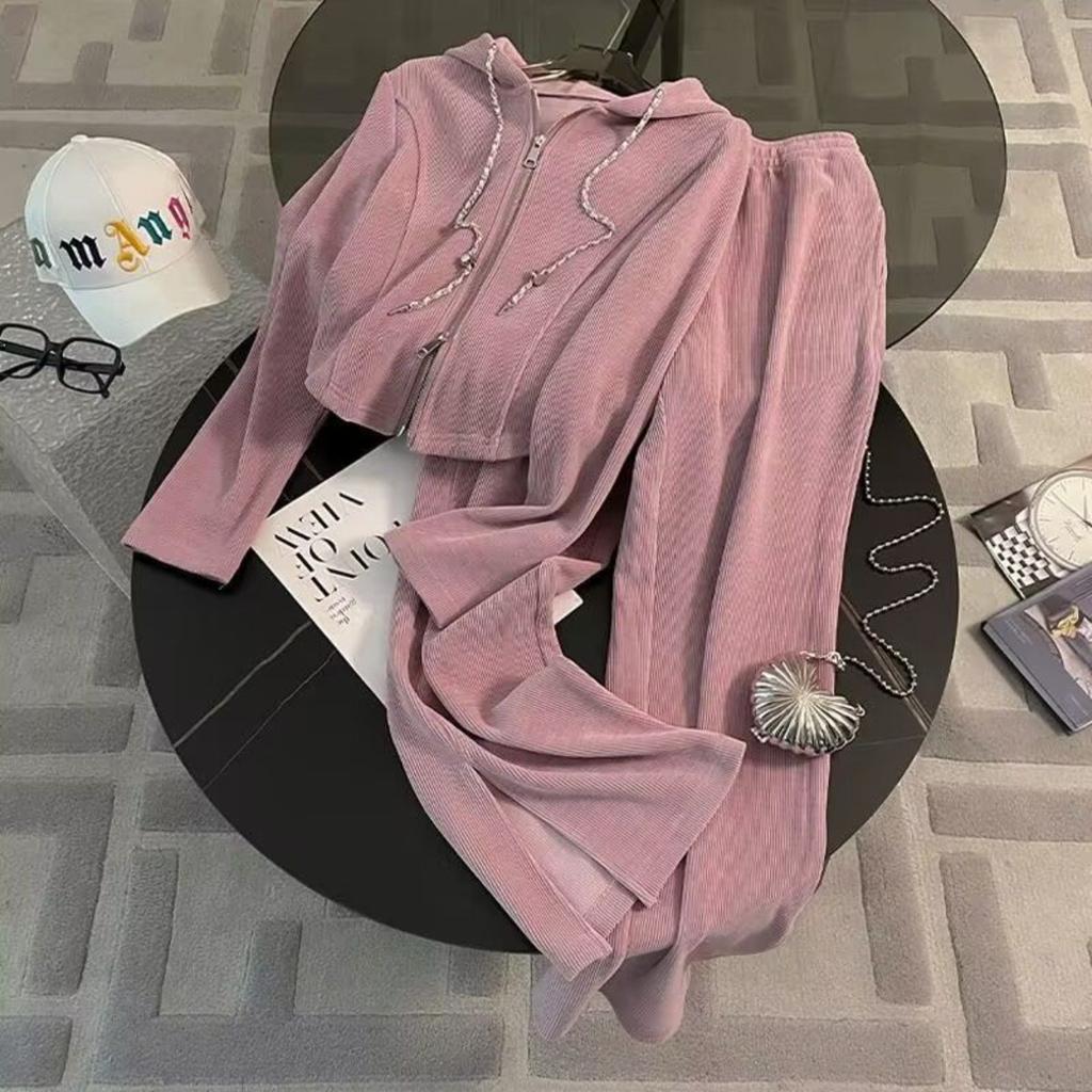 Casual, Tuta Sportiva, Da Donna, Ampia, Corta, Top con Cappuccio, Spacco, Pantaloni a Gamba Larga, Set Due Pezzi
