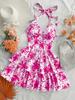 Summer Women's Fashionable Vacation Retro Blue and White Rose Printed Ruffled Dress