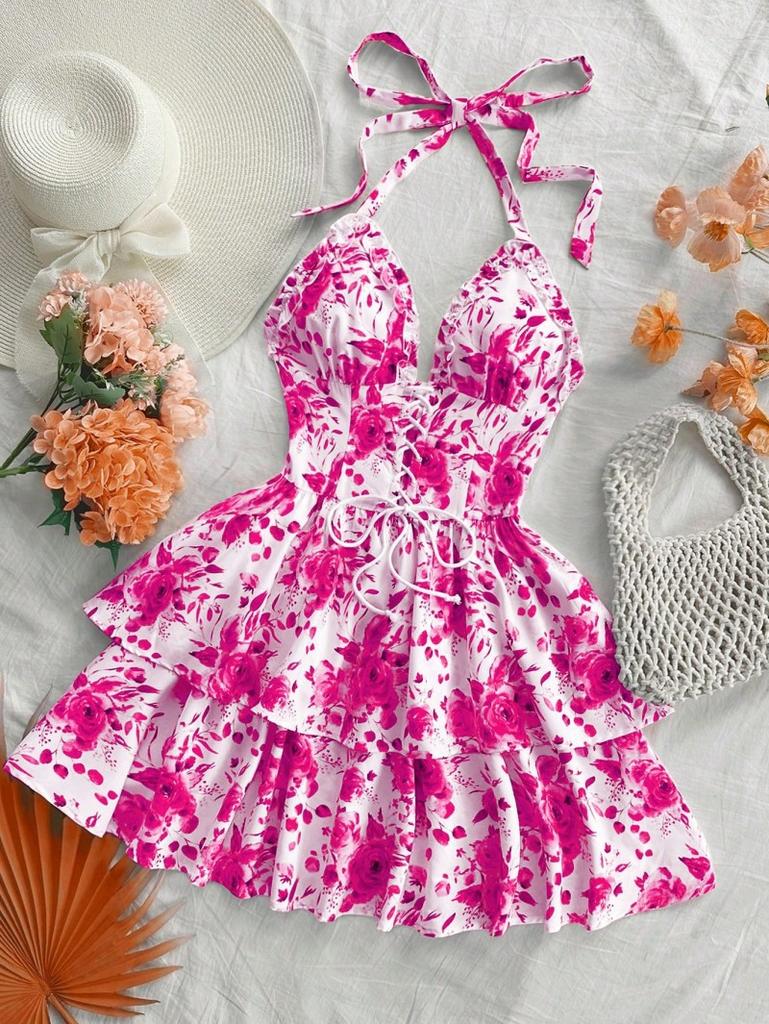 Summer Women's Fashionable Vacation Retro Blue and White Rose Printed Ruffled Dress