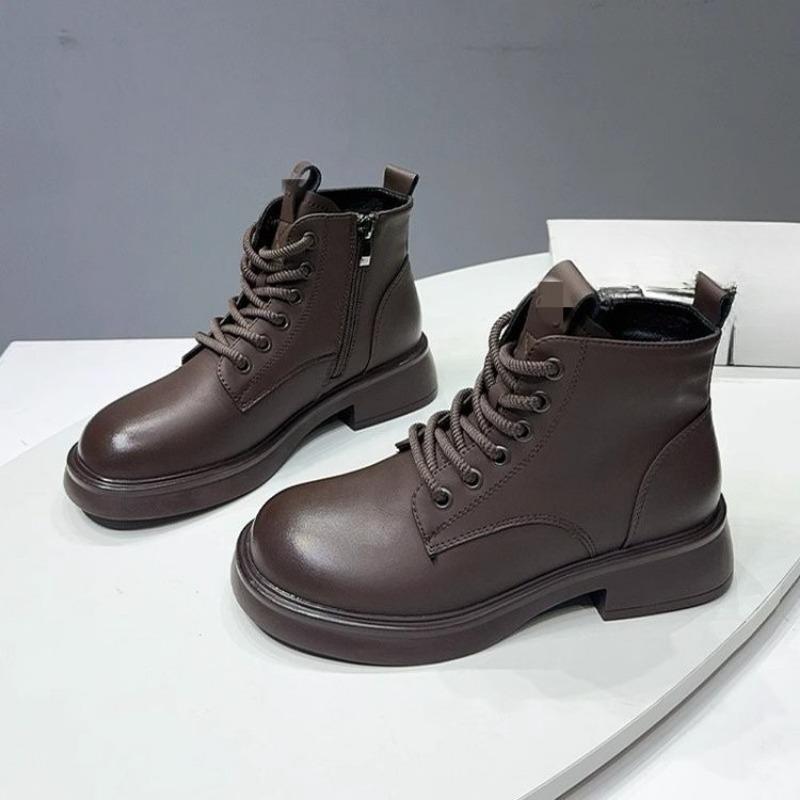 

Туфли из мягкой кожи, толстоподошвенные Dr. Ботинки Martens, Новые женские одинарные ботинки с флисовой подкладкой, Теплые короткие ботинки 40 коричневый