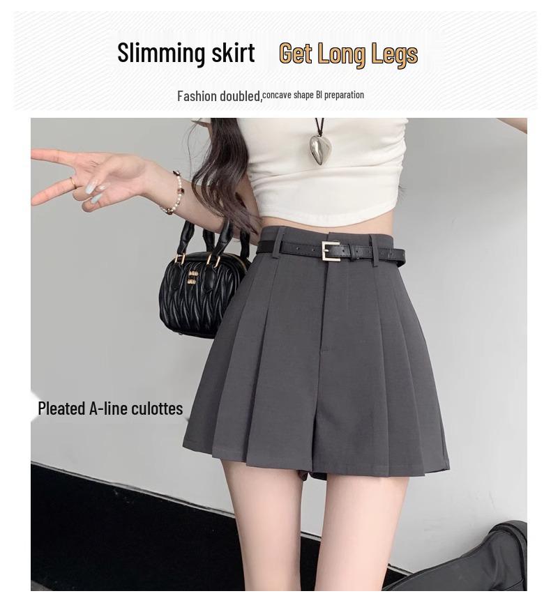Women's Gray Pleated Skirt Shorts: Summer 2024 High Waist Loose Wide-Leg Hot Pants.