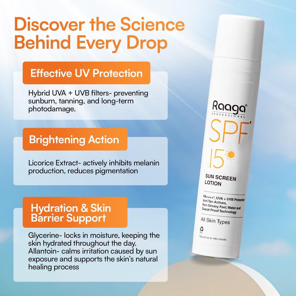 Raaga Professional SPF 15 Sunscreen Lotion PA++++ UVA UVB Protection Non-Greasy Water Proof 55 Ml