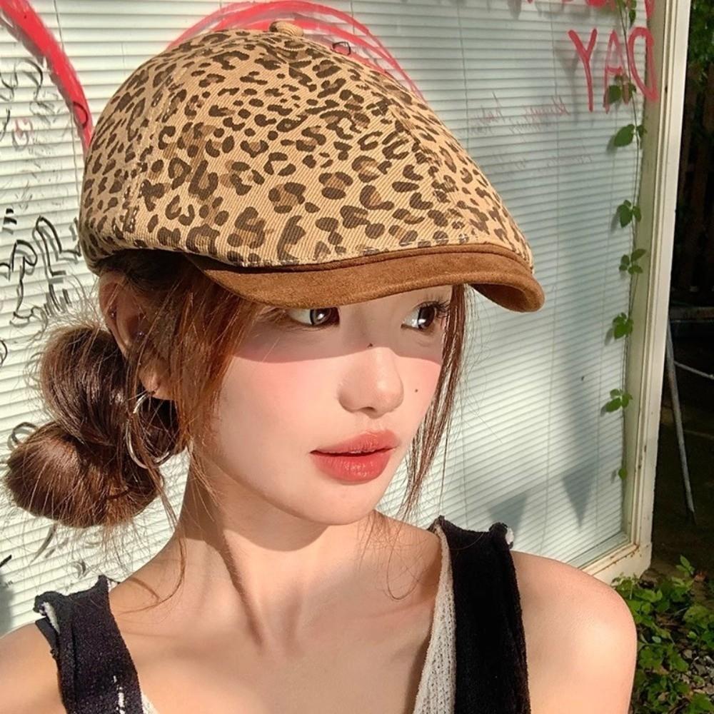 Flat Leopard Newsboy Cap Vintage Painter Cap Trend Leopard Print Beret  Streetwear