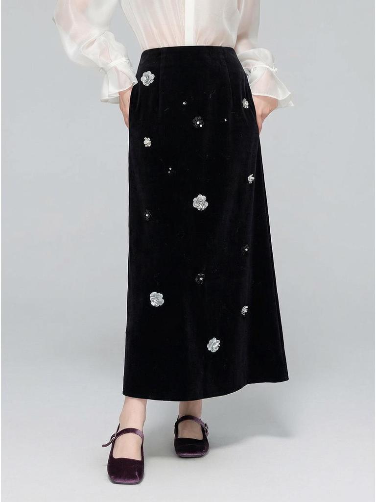 Fustă de Catifea Zhi Hetang 2025 Iarnă cu Talie Înaltă, Linie A, cu Paiete - Fustă Lungă Elegantă pentru Femei