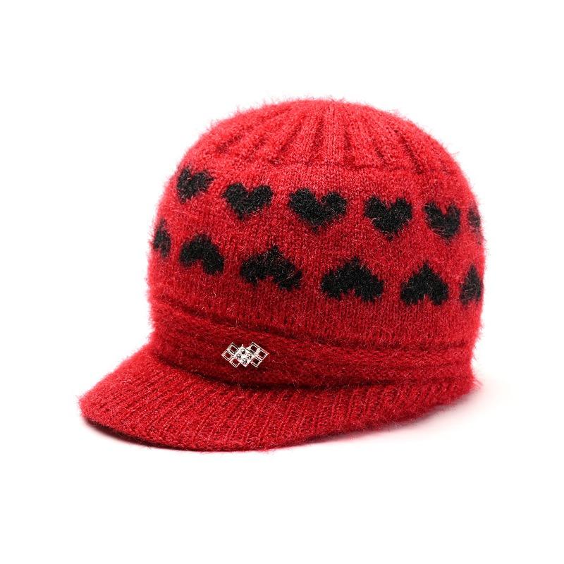 Hat Women's Autumn and Winter New Big Brim Wool Hat Old Lady Fleece Warm Ear Protector Knitted Hat