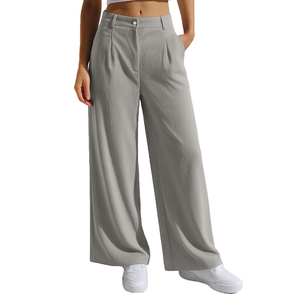 Women's Casual Fashion Color Elastic Waistband Pocket Wide-Leg Straight-Leg Pants