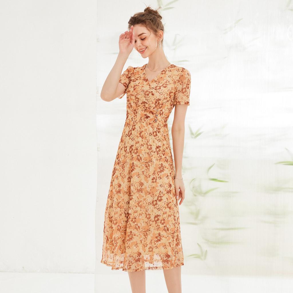 Gentle and Fashionable Printed V-neck Short Sleeved Dress for Women In Summer, Age Reducing and Slimming A-line Skirt