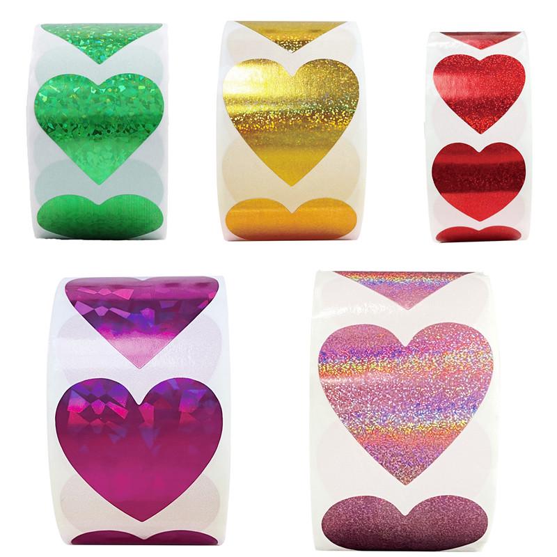 Full Set of Heart Laser Stickers - Gold, Pink, Purple, Green, Red - Self-Adhesive Valentine's Day Decoration Labels