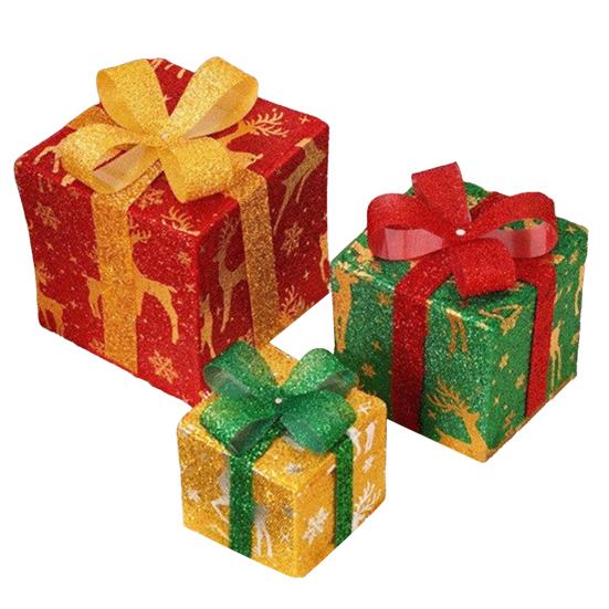 3 Pcs/Set Christmas Lighted Gift Boxes LED Light Up Stackable Nesting Box with Bow for Christmas Indoor Outdoor Home Yard Lawn Decor