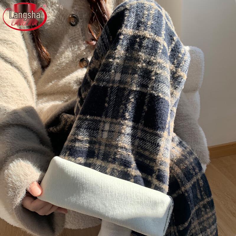 Lansha Women's Winter High-Waist Fleece-Lined Plaid Wide-Leg Pants