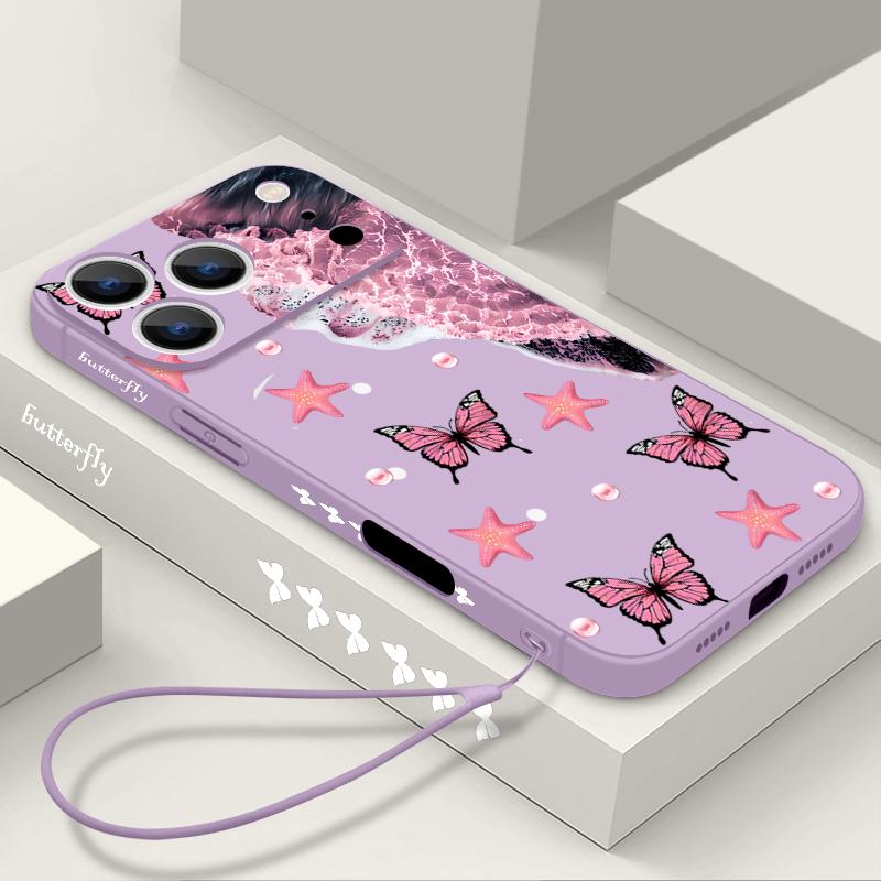 Fantastic Butterfly Print Lanyard Case For iPhone 17 Pro Max Funda iPhone 16 15 14 13 Pro Max 11 16E 17E Soft Silicone Cover
