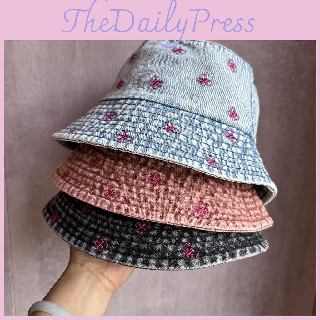 Bucket Summer Sunshade Hat Cotton Denim Material And Embroidered Cartoon Women