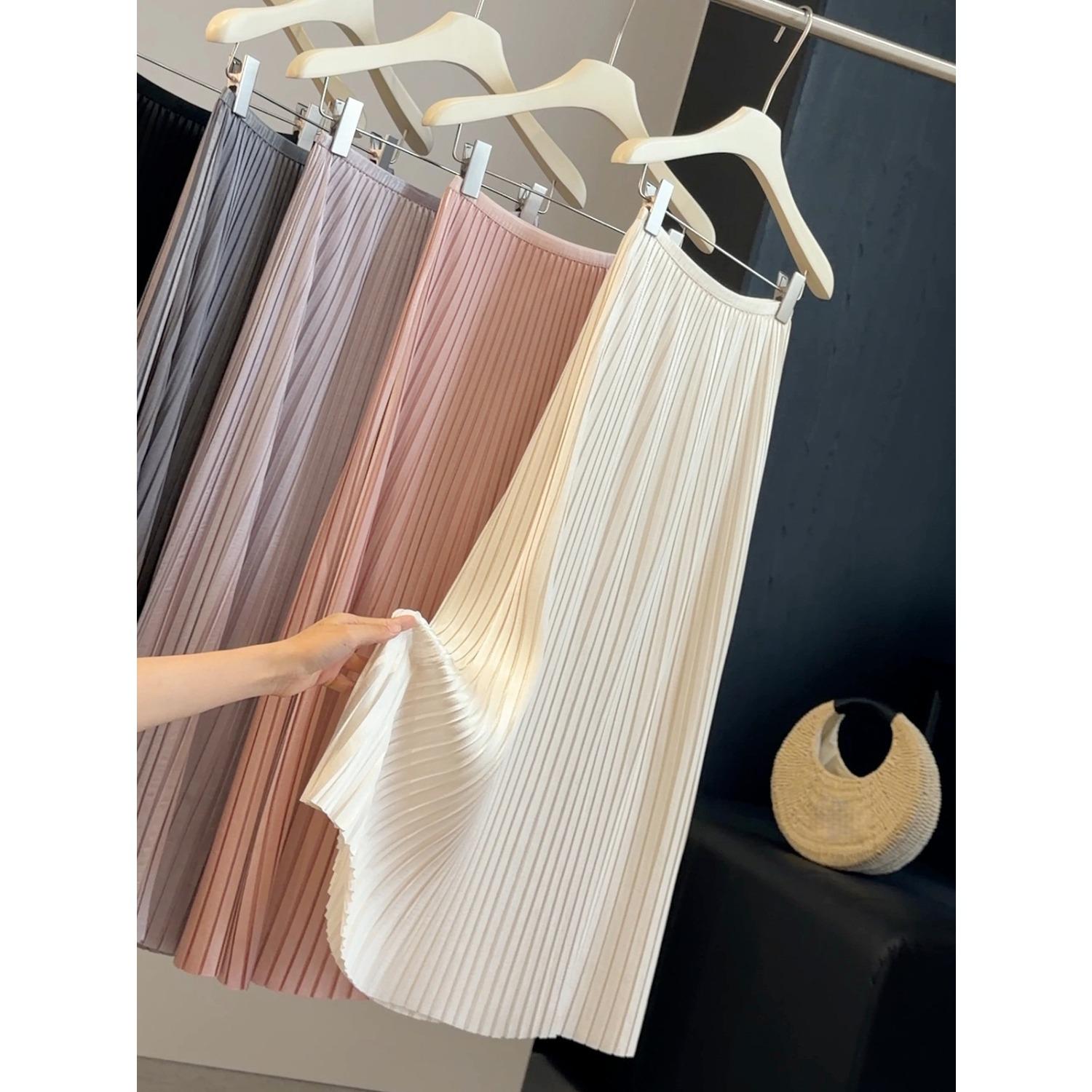 Women s High Waist A-Line Midi Skirt Pleated Satin Solid Color Flowy Long Skirt one size