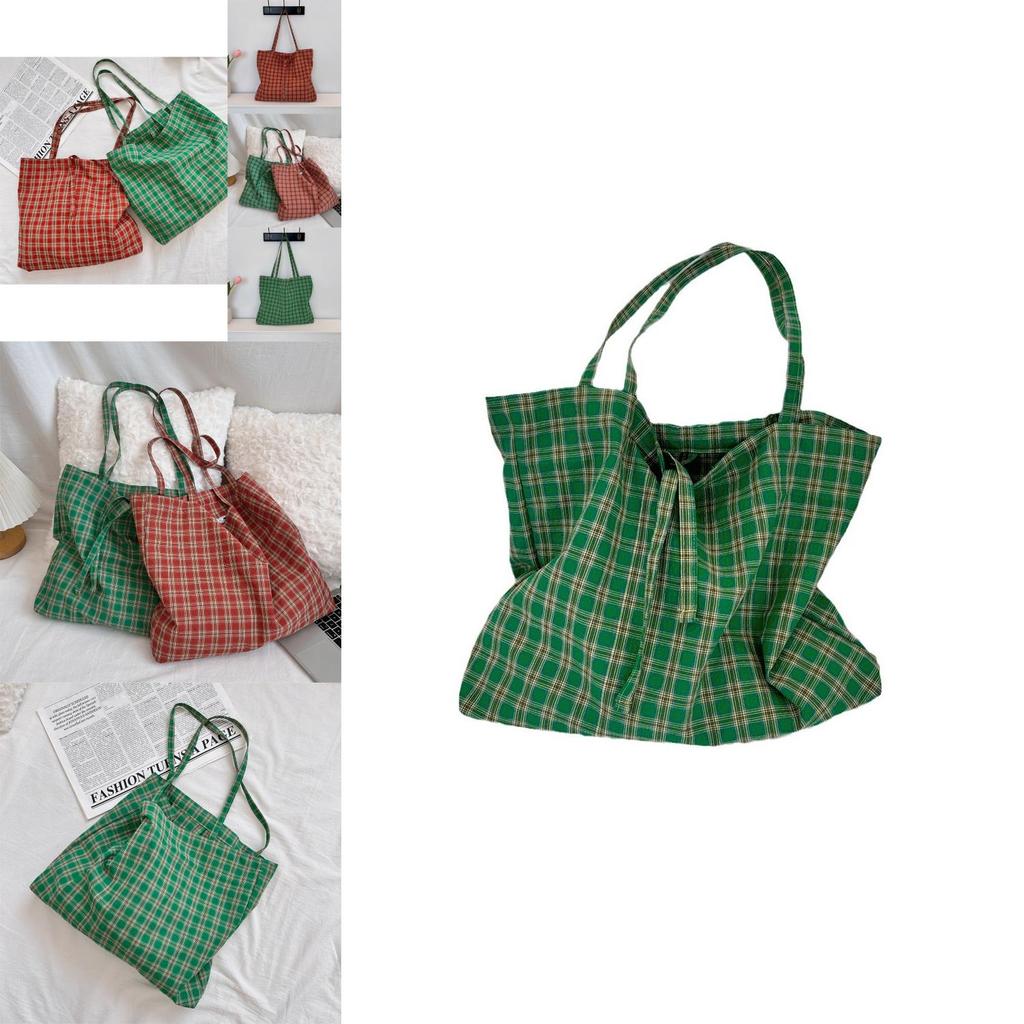 L310 Retro Plaid Canvas Bag Stylish Versatile Lightweight Shoulder Tote For Women