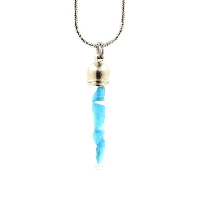 Collier Apatite bleu neon brut - ABIJOUX - Modèle tube - Acier inoxydable - Cristal