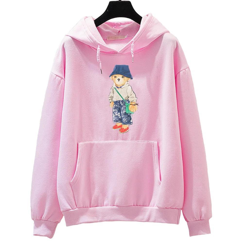 Trendy Cartoon Bear Graphic Hoodies Women Winter Sweatshirts Fleece Clothing Comfortable Crewneck Pullovers Casual Long Sleeve