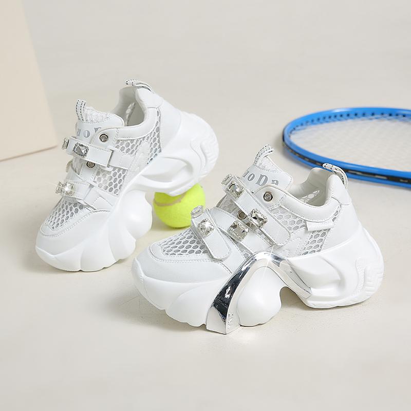 Fashion 8CM High Platform White Shoes Women New 2025 Summer Breathable Mesh Crystal Chunky Sneakers Designer Thick Sole Sports Shoes