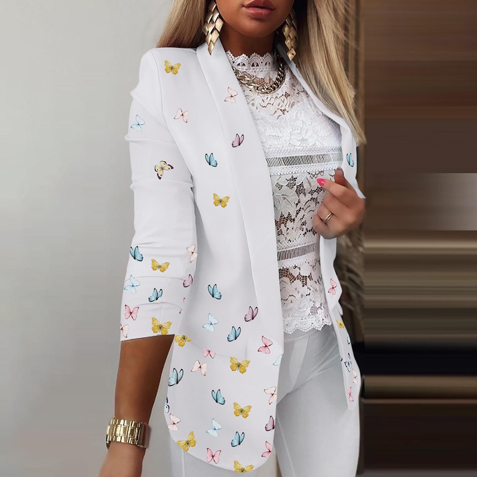 

Женская мода с длинным рукавом и цветным принтом пальто с открытым передним пиджаком XL белый