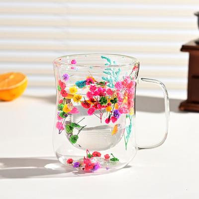220/300 ml dvoustěnné skleněné hrnky s izolovanou rukojetí Hrnky na kávu z čirého skla Tepelně odolný hrnek na čaj s květinovým designem