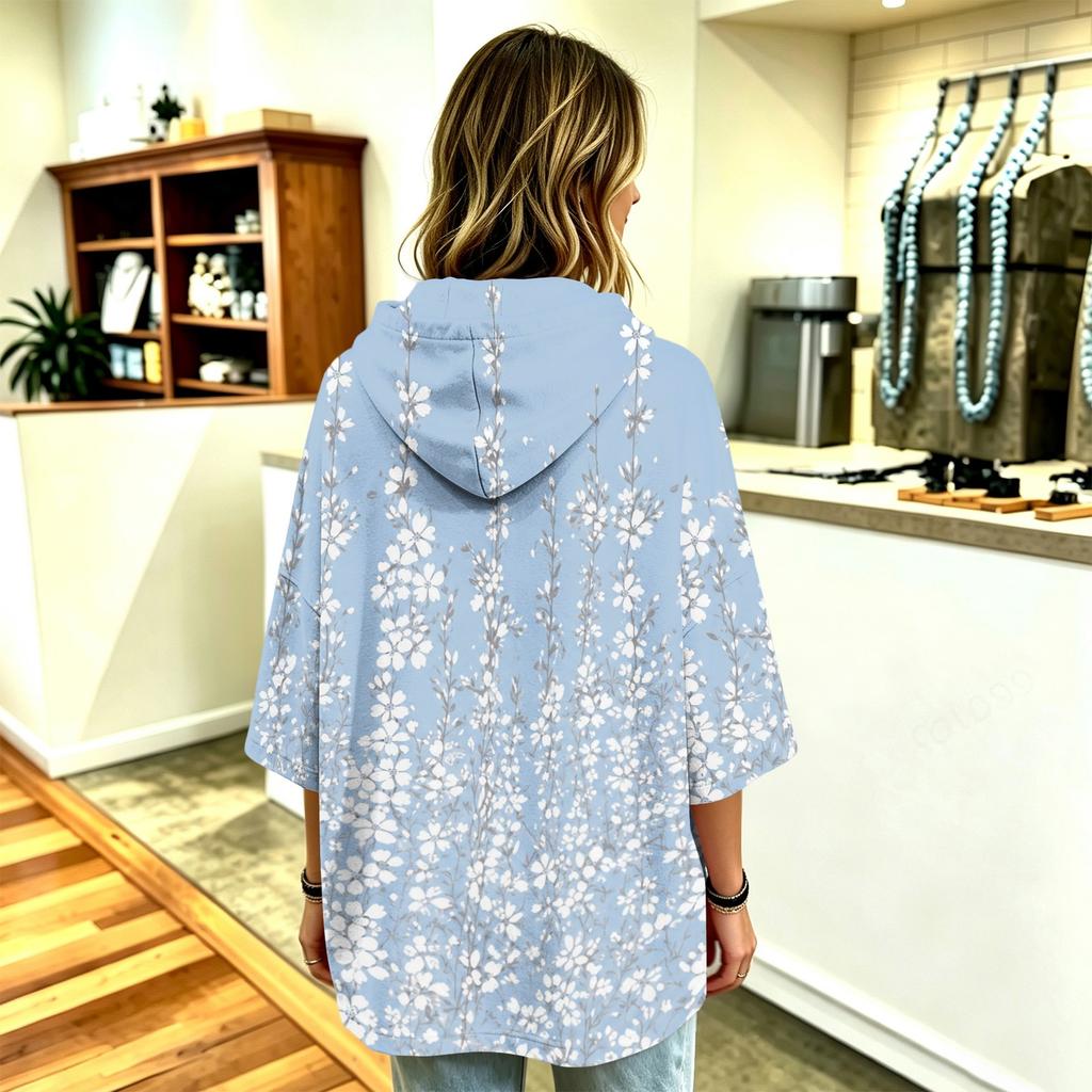 Women's Hooded Pullover Top with Three-Quarter Sleeves Floral Print Casual Fashion Top