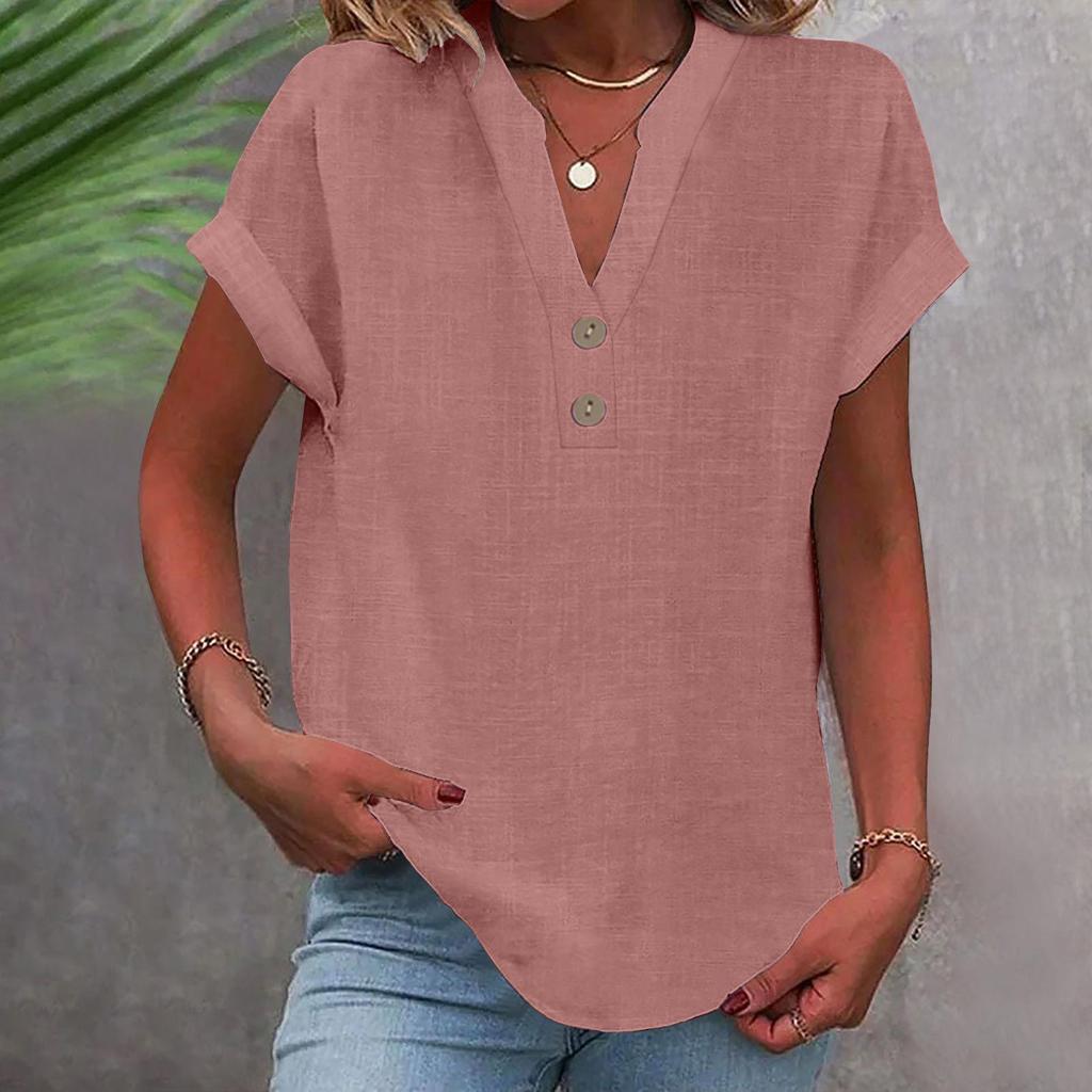 2025 Women's Solid Color V-Neck Buttoned Cotton-Linen Short-Sleeve Top