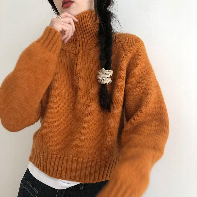 Women's Short-Length Korean-Style Half-Zip High Neck Sweater Autumn Winter Loose Lazy-Style Thickened Knitted Top