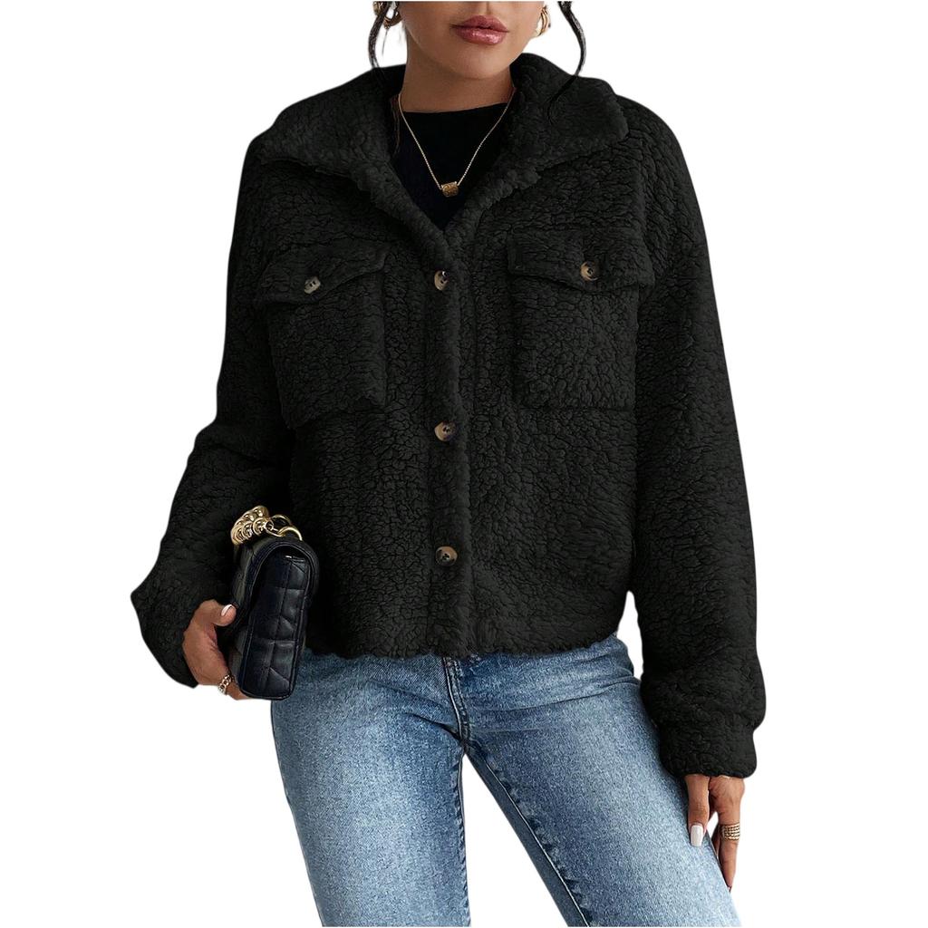 Women's Fashionable Solid Color Long Sleeved Lapel Pocket Plush Short Casual Jacket Jacket