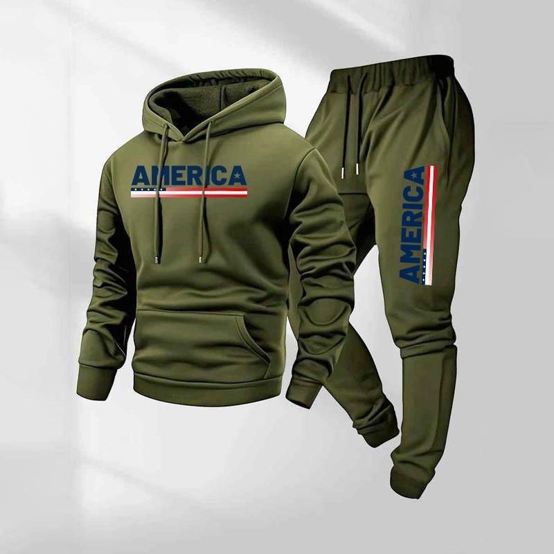 Mens Casual Hooded Sweatshirt Set With Letter Print Long Sleeve Top Pants Winter Warm Outfit