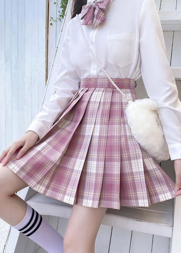 COSSA School Uniform Cosplay Includes JK Pleated Checkered and Perfect for Amusement Cultural and Graduations 3-Piece Short-Sleeved Set, Skirt, Skirt,