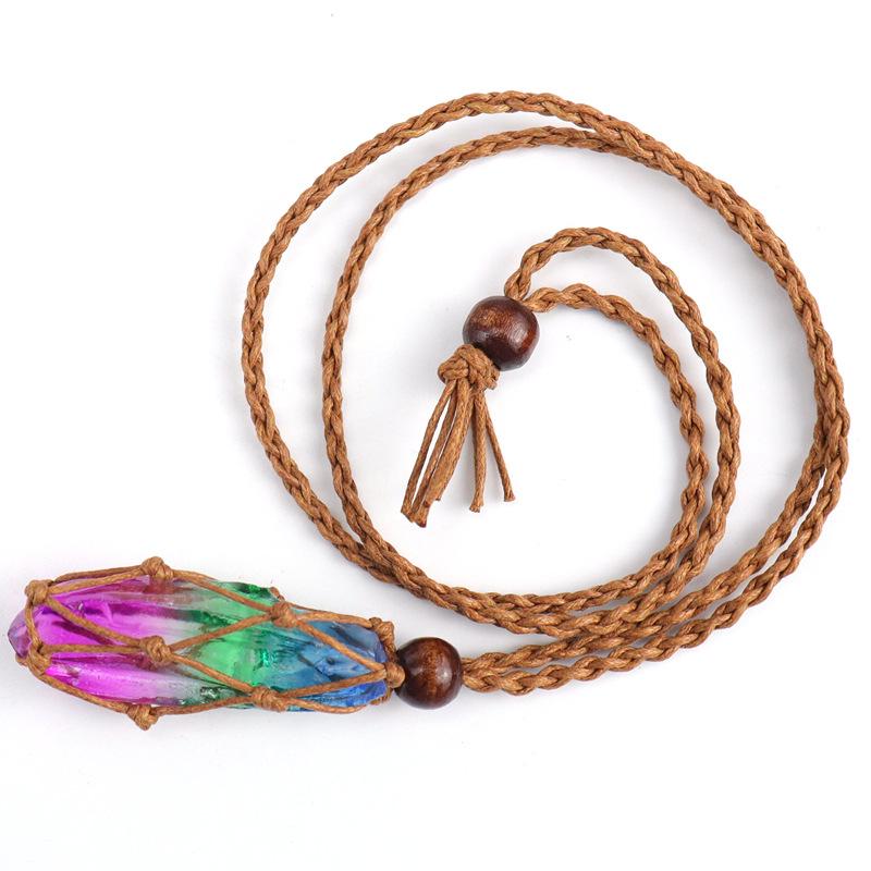 

Dyed Natural Stone Crystal Column Mesh Pocket Handwoven Necklace Pendant, Adjustable Mesh Pocket Jewelry N561 pure natural