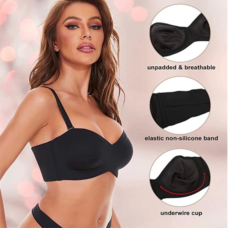 Full Support Non-Slip Convertible Bandeau Bra Strapless Push Up Plus Size Seamless Bra Underwire Convertible Smoothing Unpadded
