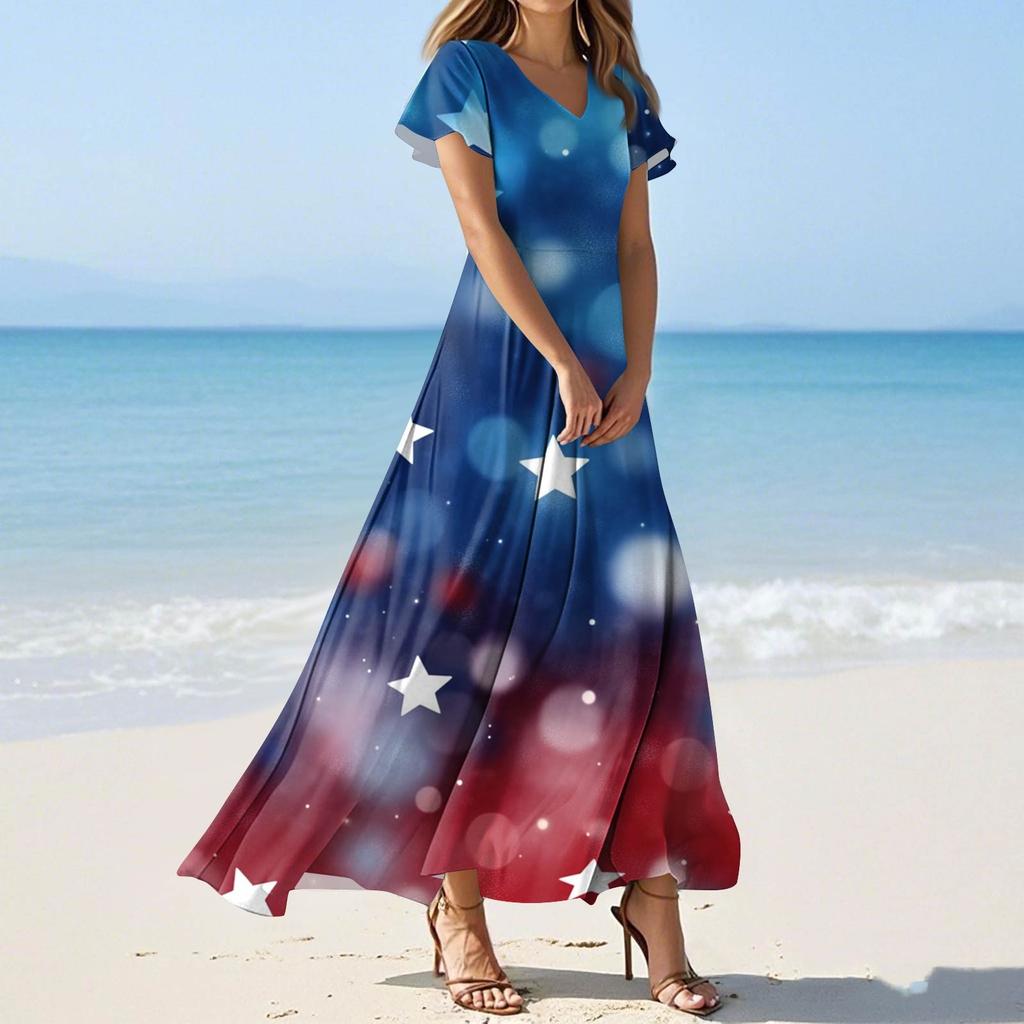 Dámské letní ležérní módní šaty s barevným potiskem Šaty s krátkým rukávem s výstřihem do V